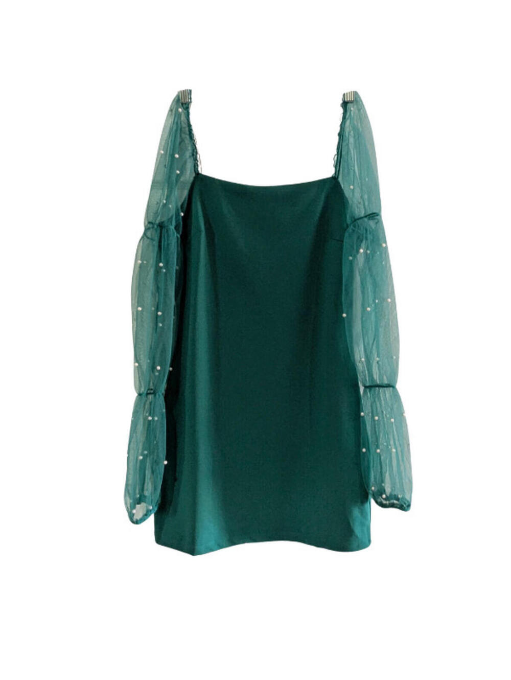 Thirty/Thirty LA Women's Mini Dress Teal, Large, Sheer Puff Sleeves Pearl Detail